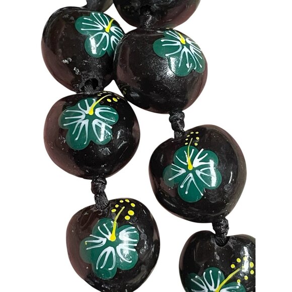 Kukui Nut Lei Necklace Hand Painted Hawaii Flowers Turtle Ribbon Ties Lot Of 3 - Picture 6 of 7